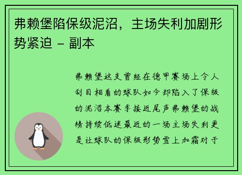 弗赖堡陷保级泥沼，主场失利加剧形势紧迫 - 副本